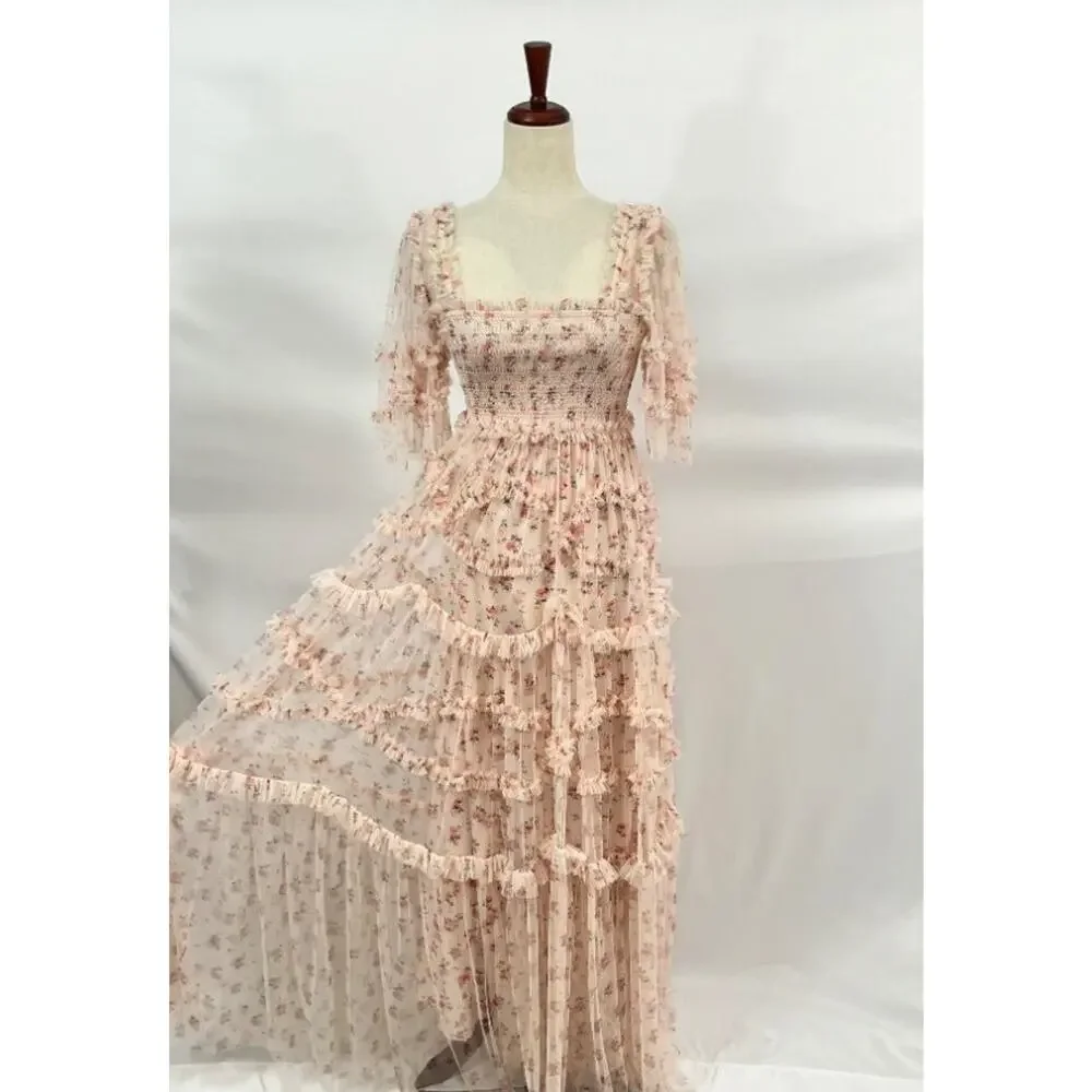 NEEDLE & THREAD Sz 2 Bijou Rose Smocked Maxi Dress Gown - Picture 7 of 13